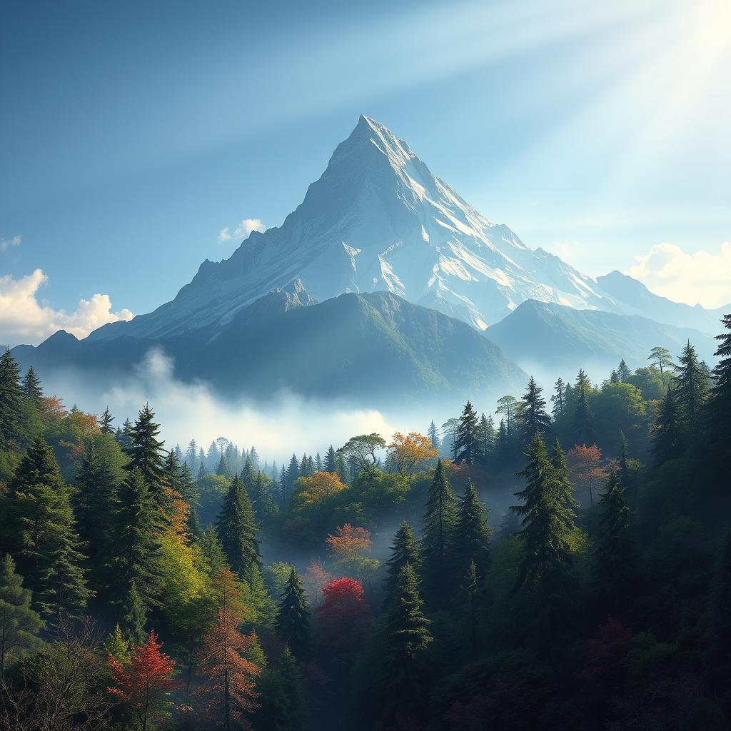 A stunning high mountain with a flat top rising majestically above a lush, enchanted forest filled with vibrant greenery, mystical creatures, and ethereal light