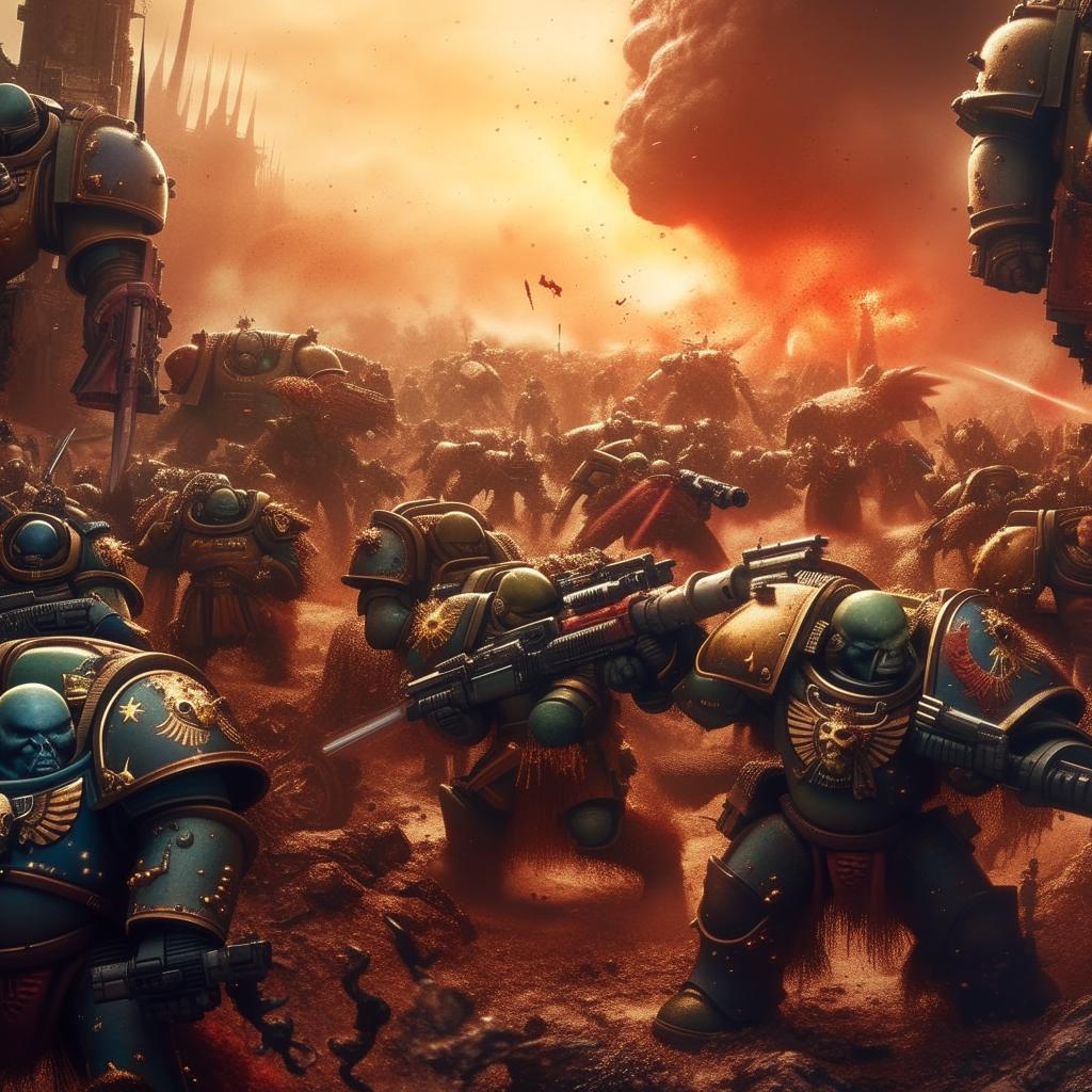 A dynamic scene from Warhammer 40K universe with space marines combating against orks in a dystopian, futuristic battlefield.