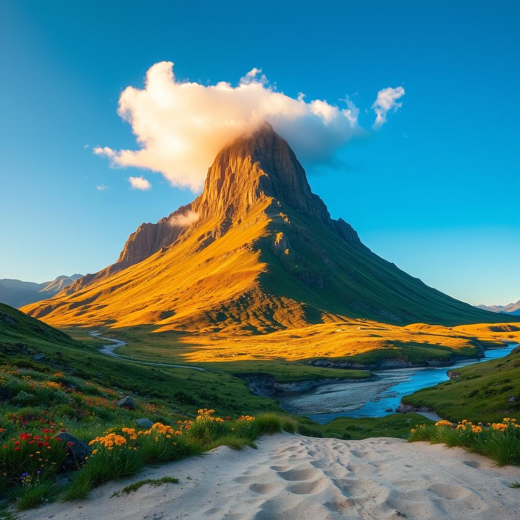 A dramatic flat top mountain stands majestically against a clear blue sky, its steep, rugged cliffs illuminated by the warm golden light of sunrise