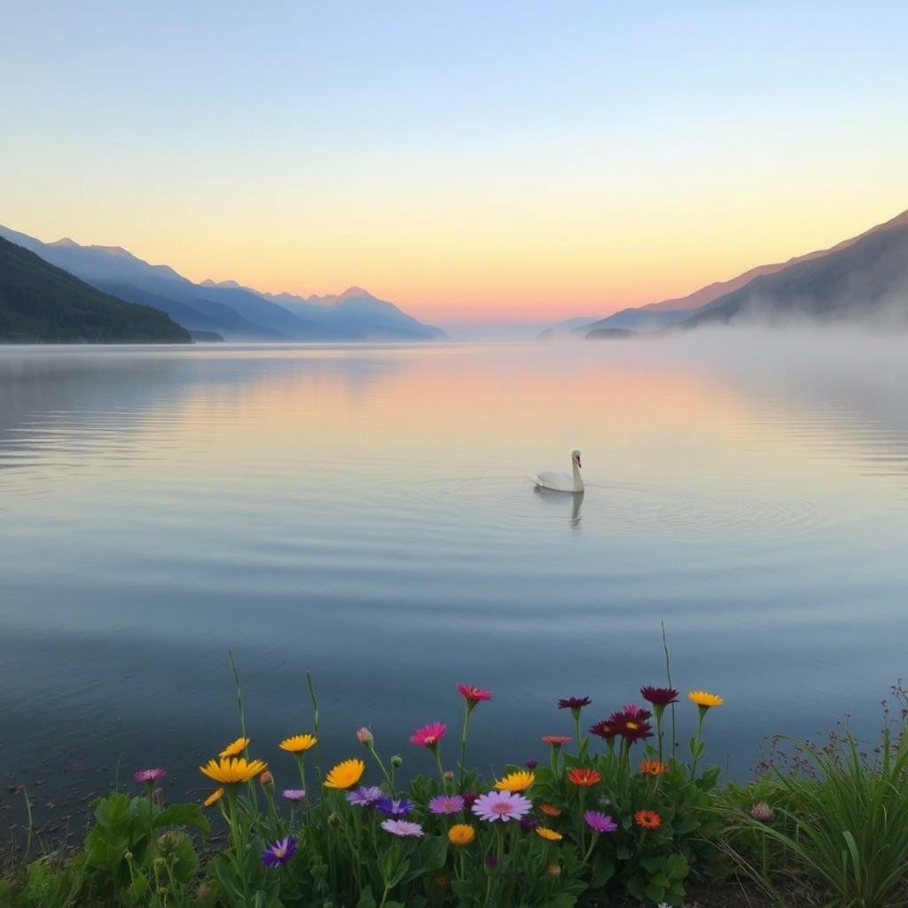 A serene landscape at sunrise featuring a tranquil lake surrounded by majestic mountains, with gentle waves reflecting the soft pastel colors of the sky