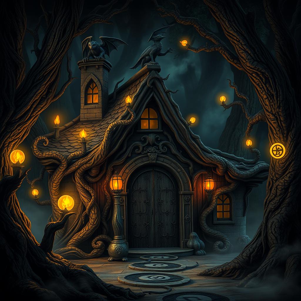 A sinister wizard's hideout nestled deep within a dark, enchanted forest