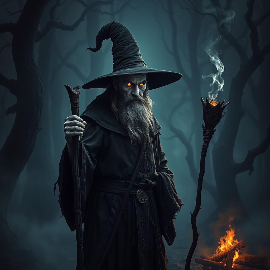 A sinister wizard standing in a dark, eerie forest