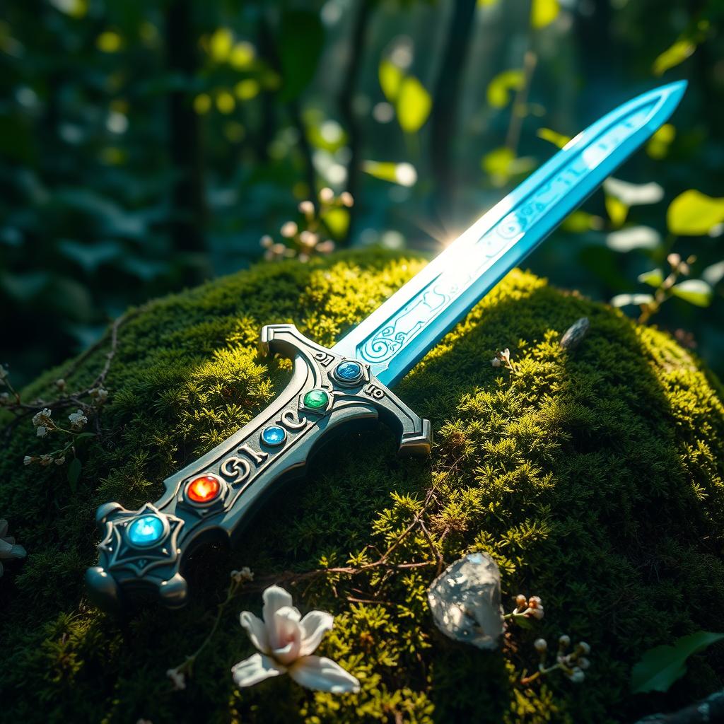 An enchanted sword resting on a bed of moss in a mystical forest