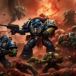 A dynamic scene from Warhammer 40K universe with space marines combating against orks in a dystopian, futuristic battlefield.