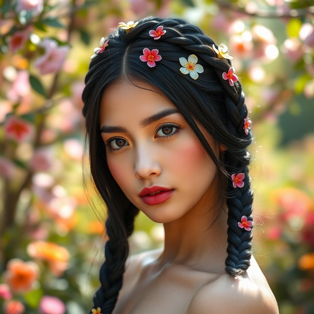 A young woman with long black hair styled in intricate braids wrapped elegantly around her head like a crown