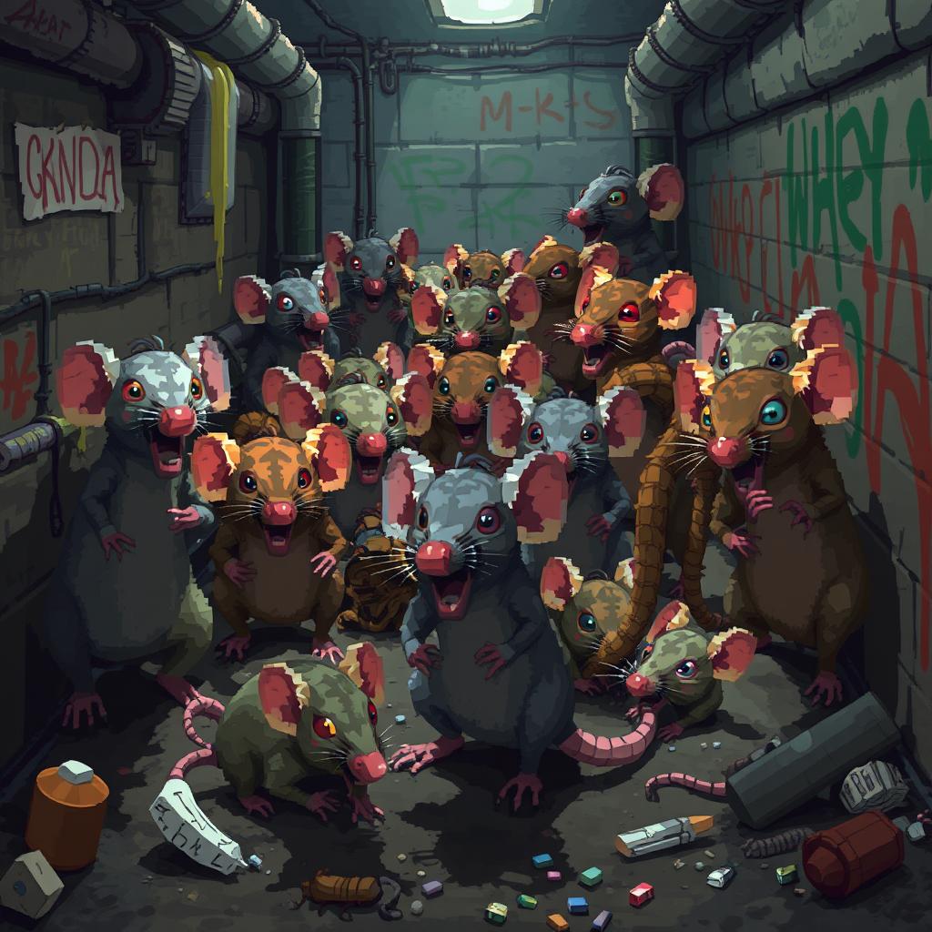 Pixelated rats, each with unique designs, living in a sewer environment