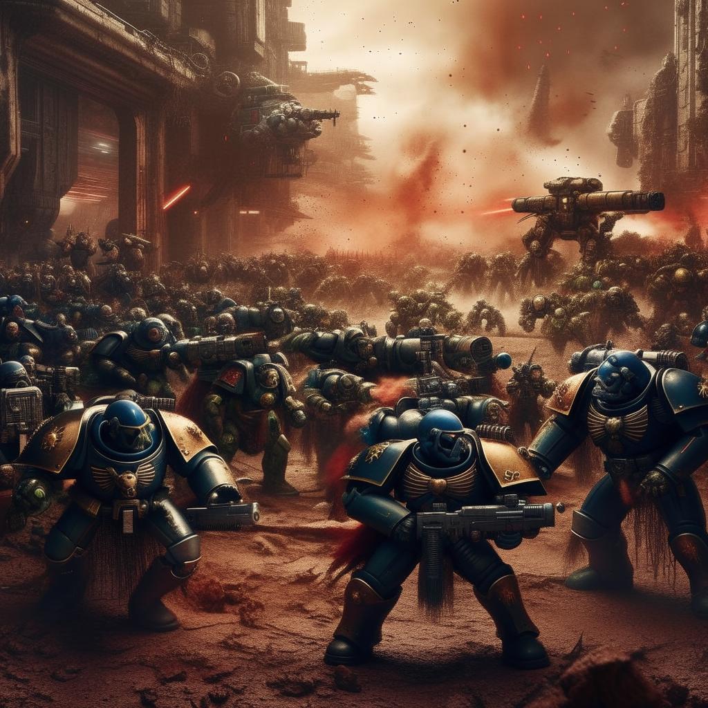 A dynamic scene from Warhammer 40K universe with space marines combating against orks in a dystopian, futuristic battlefield.