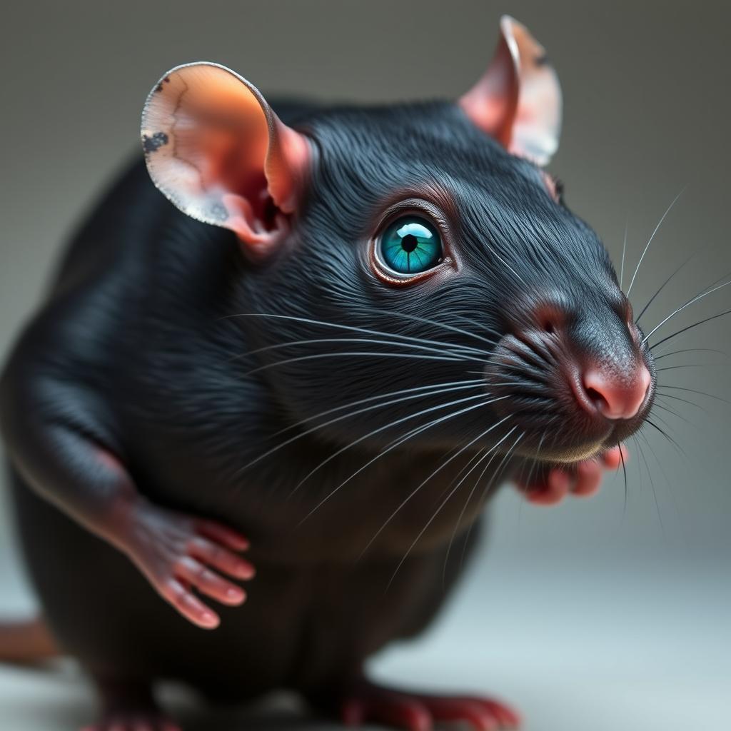 A strong and robust rat with a unique eye deformity, featuring heterochromia where one eye is a striking blue and the other a vivid green