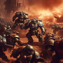 A dynamic scene from Warhammer 40K universe with space marines combating against orks in a dystopian, futuristic battlefield.