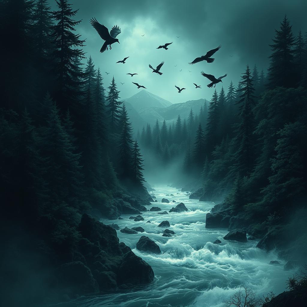 A movie poster inspired by Bird Box featuring a dense forest with a rushing river and ominous black birds in the sky