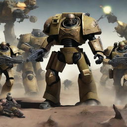 Create a detailed Warhammer 40k army, with various soldier types intricately designed, powerful weaponry, and ornate armor, standing ready for battle in an extraterrestrial landscape