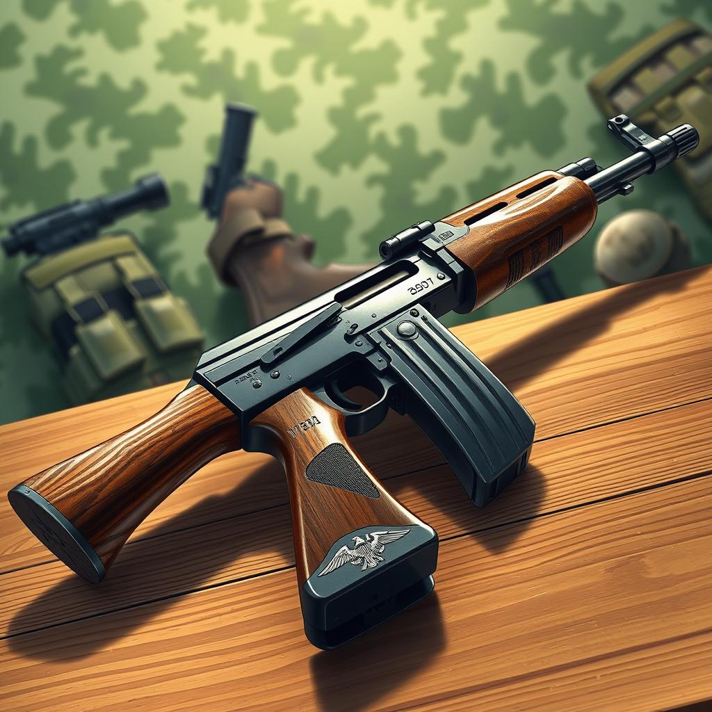 A detailed illustration of an AK-47 assault rifle resting on a wooden table