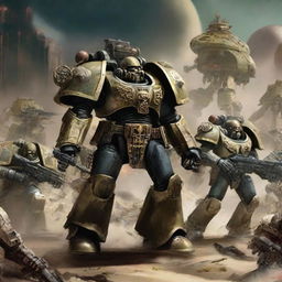 Create a detailed Warhammer 40k army, with various soldier types intricately designed, powerful weaponry, and ornate armor, standing ready for battle in an extraterrestrial landscape