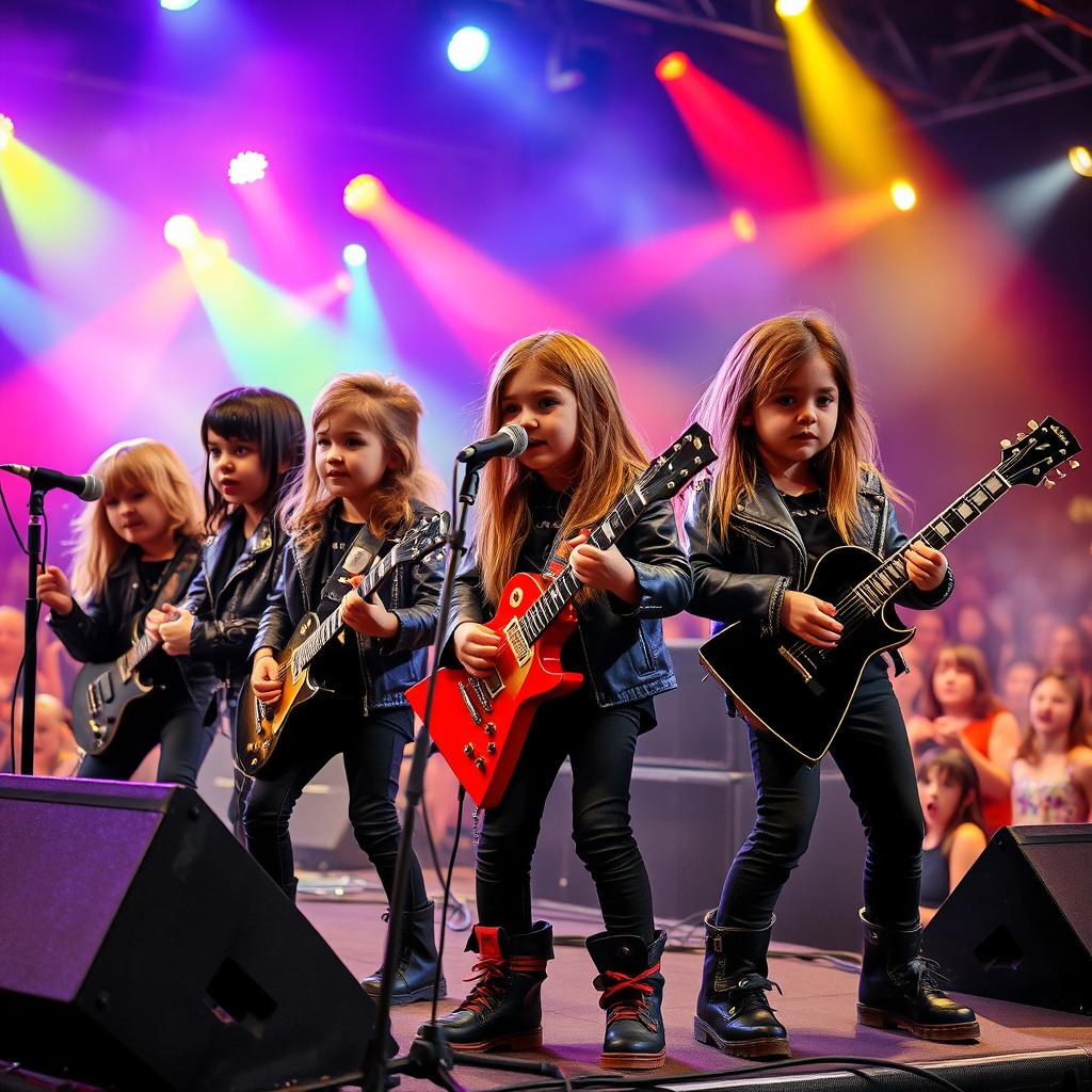 A group of school-aged children dressed as a heavy metal band performing on a concert stage