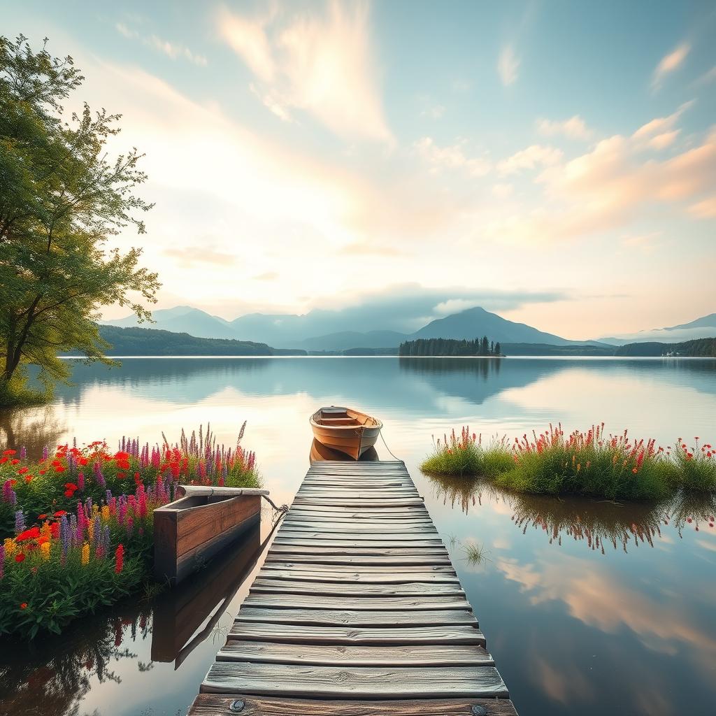 A serene landscape featuring a tranquil lake surrounded by lush green trees and vibrant wildflowers in full bloom