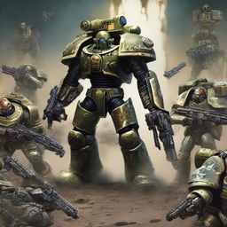 Create a detailed Warhammer 40k army, with various soldier types intricately designed, powerful weaponry, and ornate armor, standing ready for battle in an extraterrestrial landscape