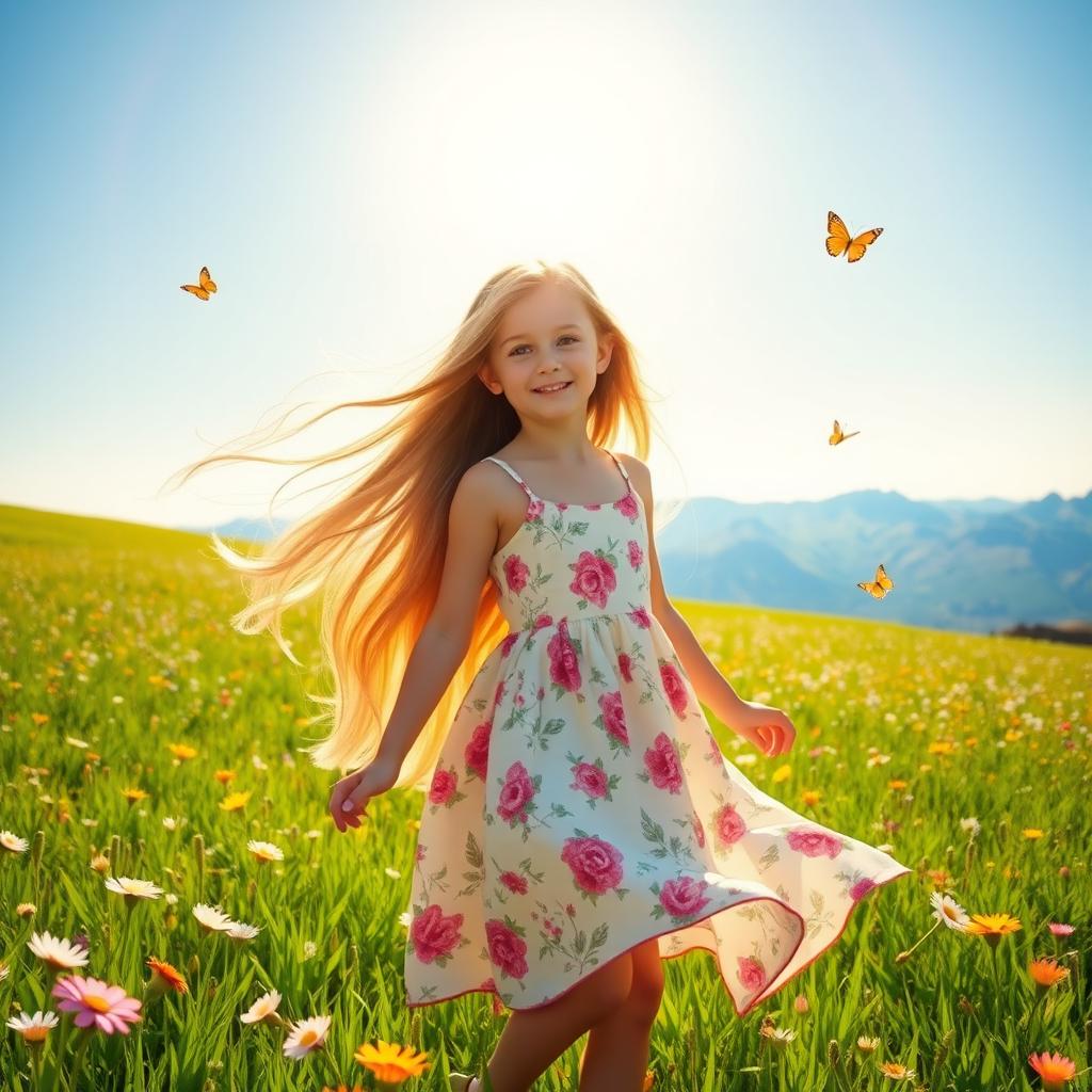A beautiful girl with long flowing hair, wearing a summer dress adorned with floral patterns