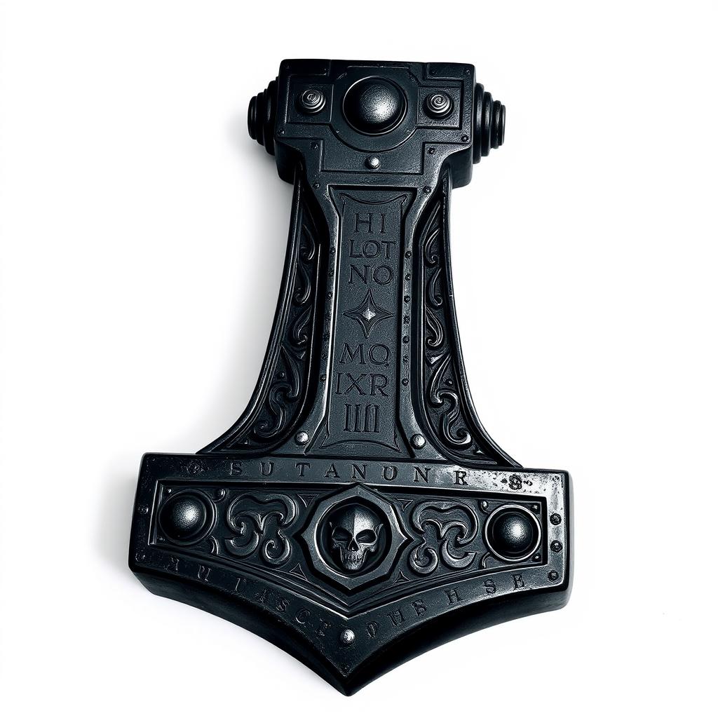 A striking depiction of Thor's Hammer, Mjölnir, rendered in dark, rich colors that showcase its formidable and mythological design, against a stark white background