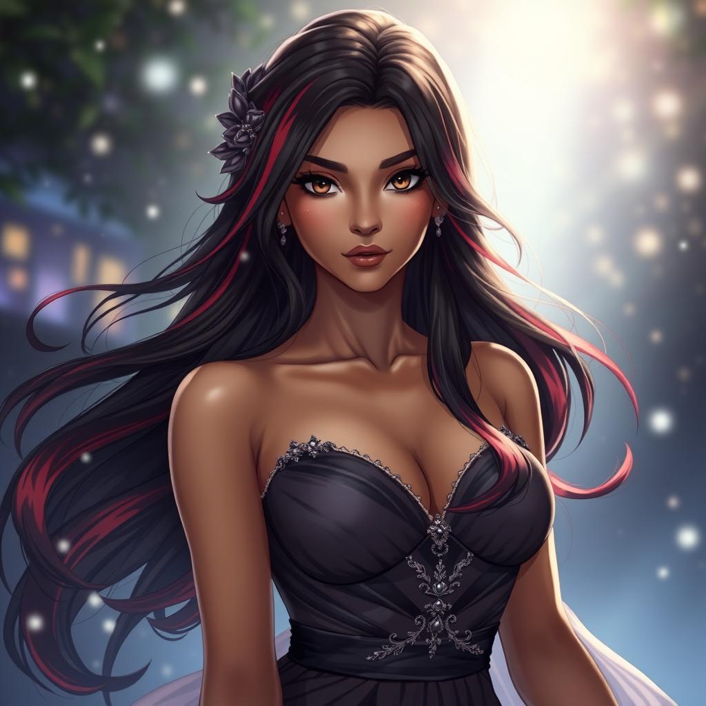 A charismatic Latina woman with captivating brown eyes and long flowing dark hair enhanced with striking red highlights