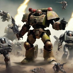 Create a detailed Warhammer 40k army, with various soldier types intricately designed, powerful weaponry, and ornate armor, standing ready for battle in an extraterrestrial landscape