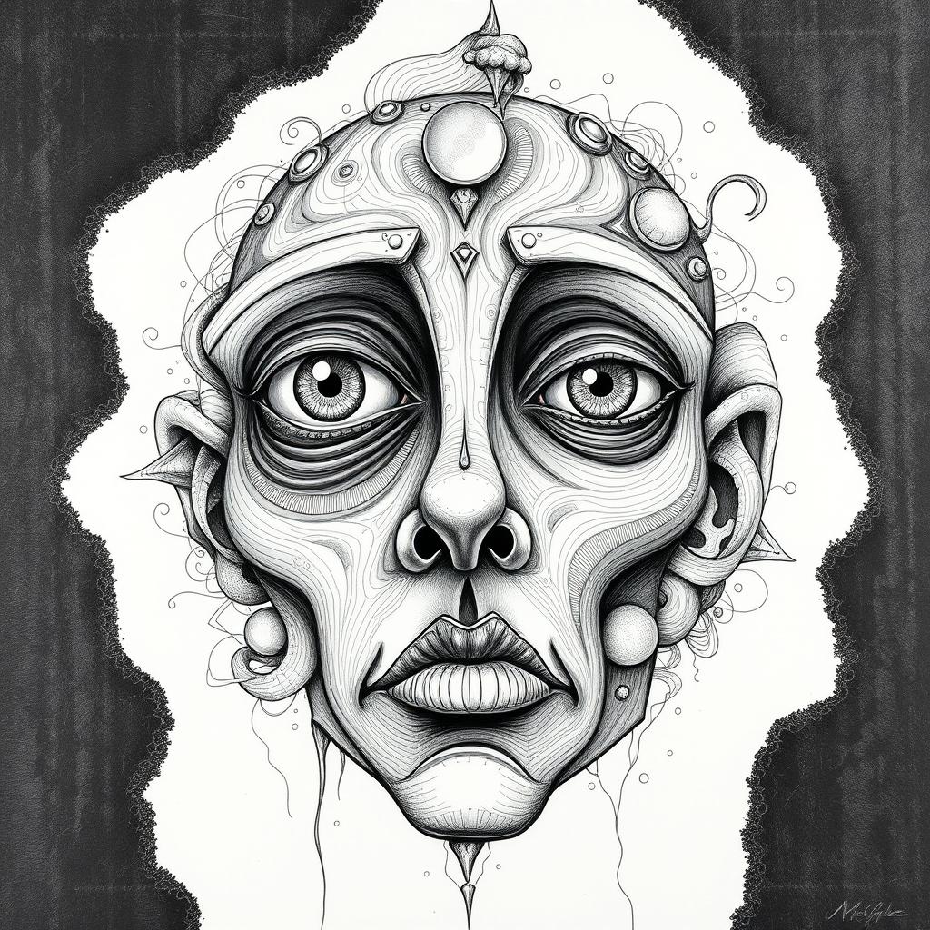A complex rapidograph drawing showcasing a surreal face with exaggerated features, blending elements of fantasy and reality
