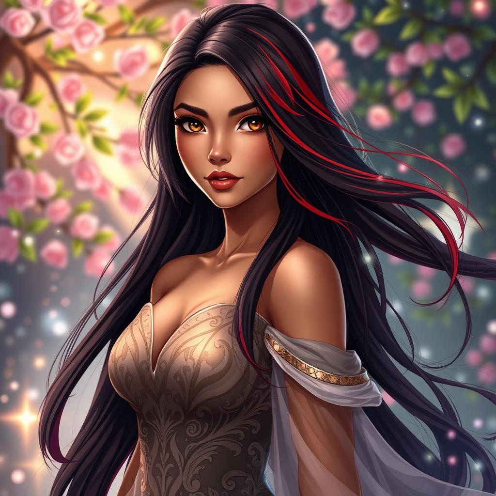 A charismatic Latina woman with captivating brown eyes and long flowing dark hair highlighted with vibrant red streaks