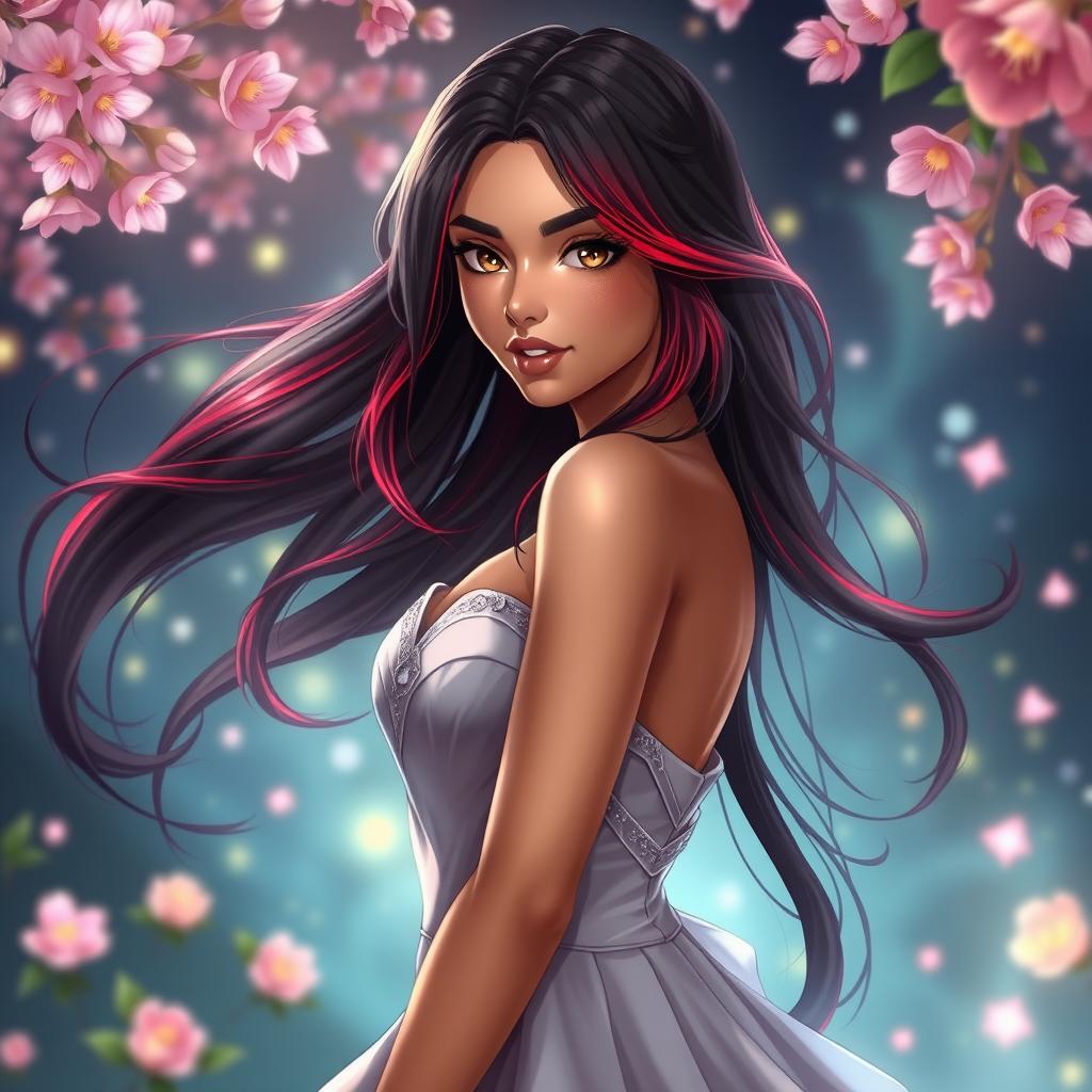 A charismatic Latina woman with enchanting brown eyes and long flowing dark hair featuring vibrant red highlights