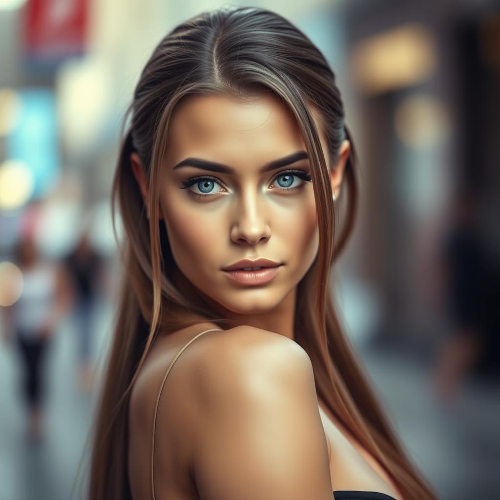 A beautiful woman with long back hair and striking blue eyes, looking confidently into the camera