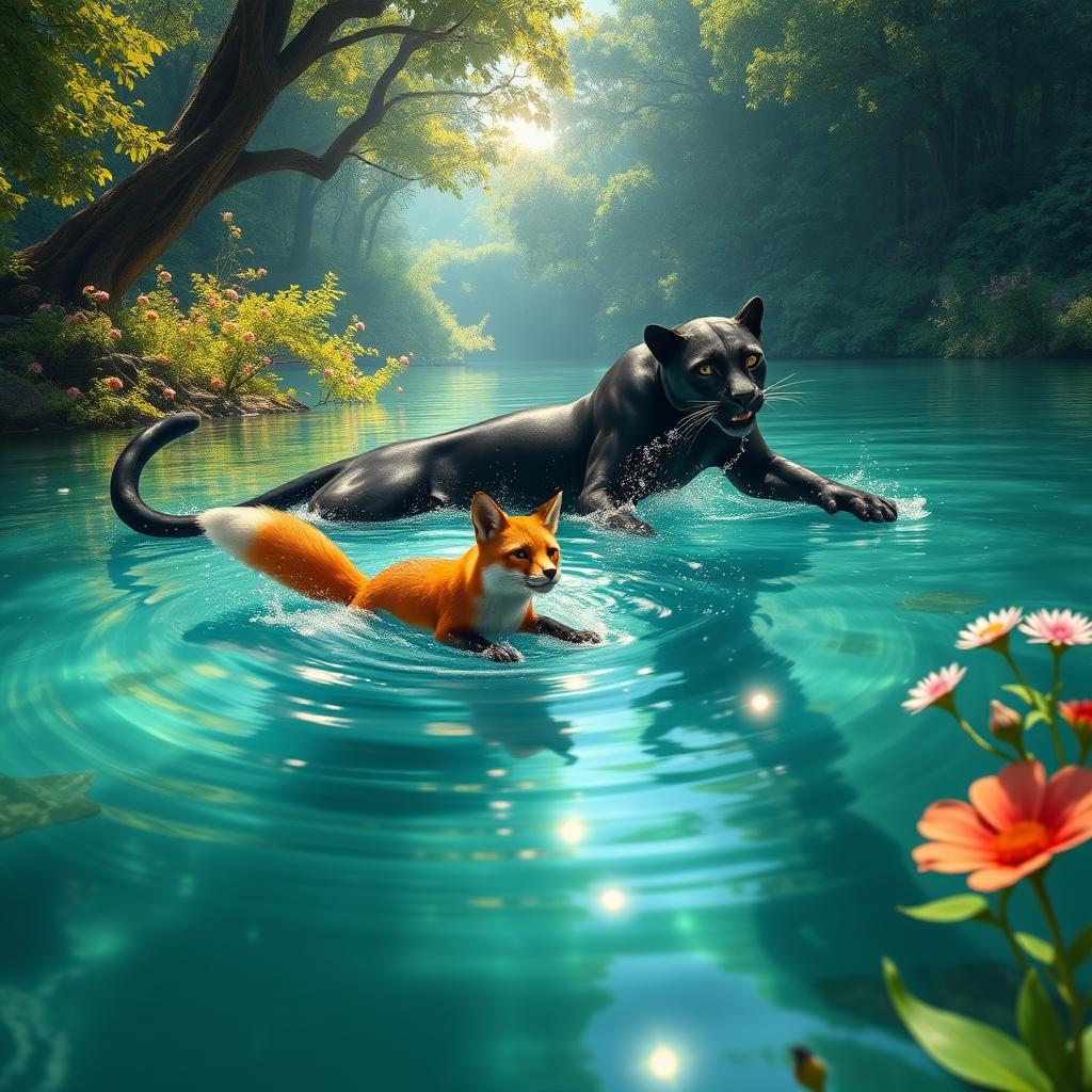 A fantastical scene featuring a powerful panther and a clever fox, both swimming together in a crystal-clear lake surrounded by lush green foliage and vibrant wildflowers