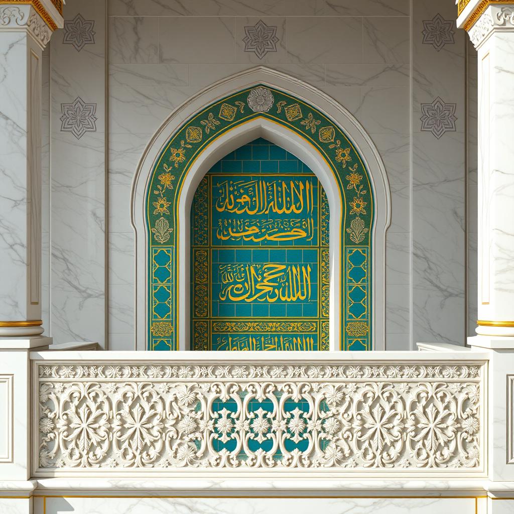 Highly detailed close-up of the white marble balustrade and mihrab in a Safavid-era iwan, rendered in photorealistic architectural style