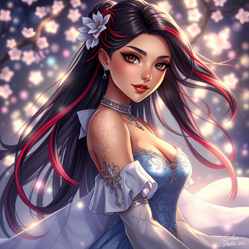 A charismatic Latina woman with mesmerizing brown eyes and long, flowing dark hair adorned with vivid red highlights