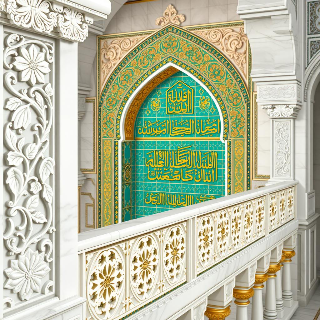 Highly detailed close-up of a white marble balustrade and mihrab in a Safavid-era iwan, rendered in photorealistic architectural style