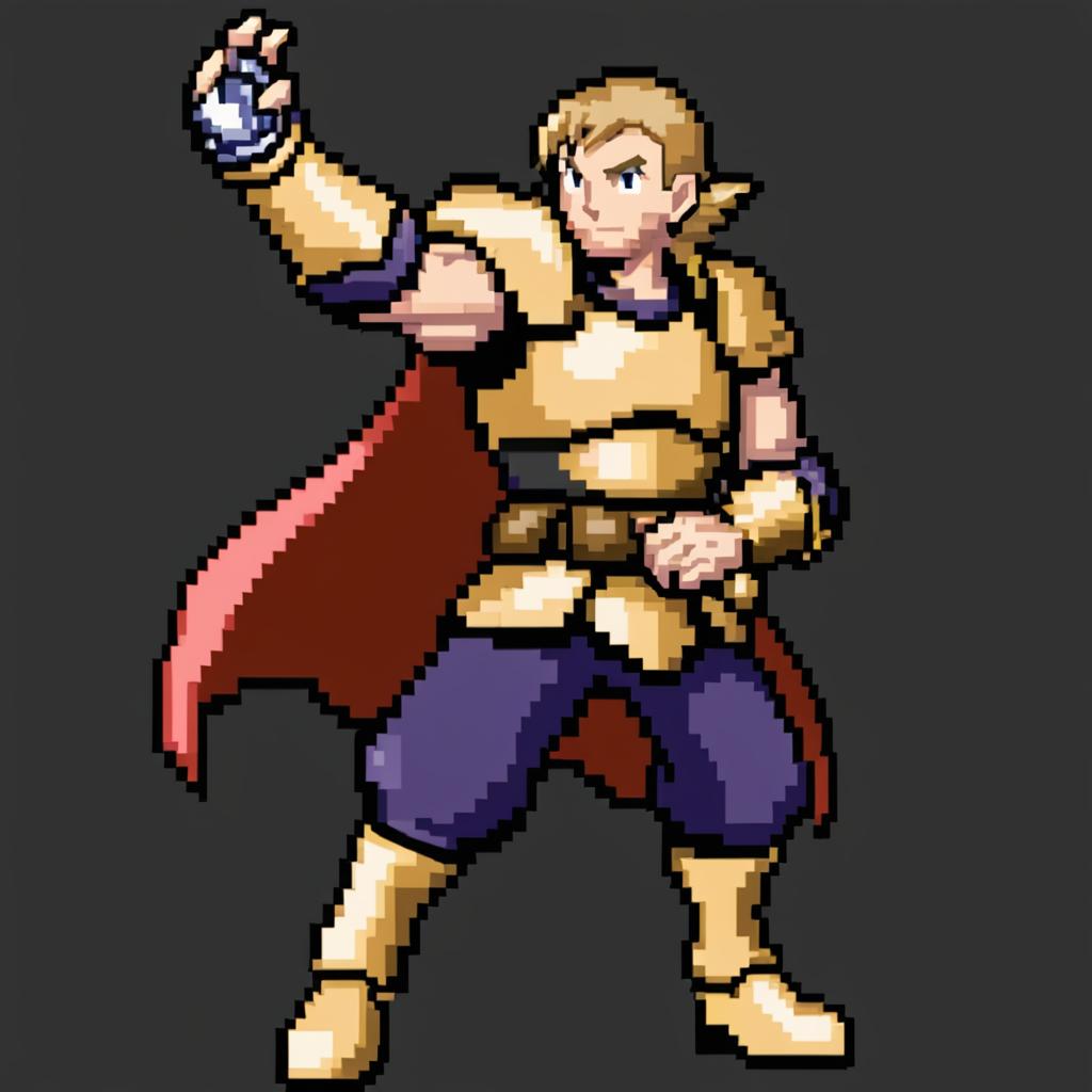 Genera un sprite de un entrenador Pokemon, para pokemon essentials, con gráficos de 4a generación, que esté basado en Gerald de the witcher y un paladín de d&d. Cuerpo entero. Como el personaje de referencia de la imagen. Con el estilo de los sprites en pixel. Imagen con fondo blanco. con pelo de color negro corto, un yelmo, y barba corta. Que salga con una espada en cada mano.
