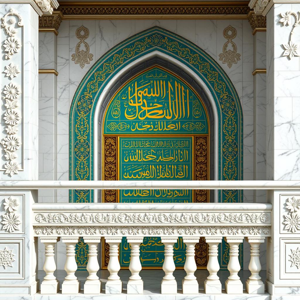 Highly detailed close-up of the white marble balustrade and mihrab in a Safavid-era iwan, rendered in photorealistic architectural style