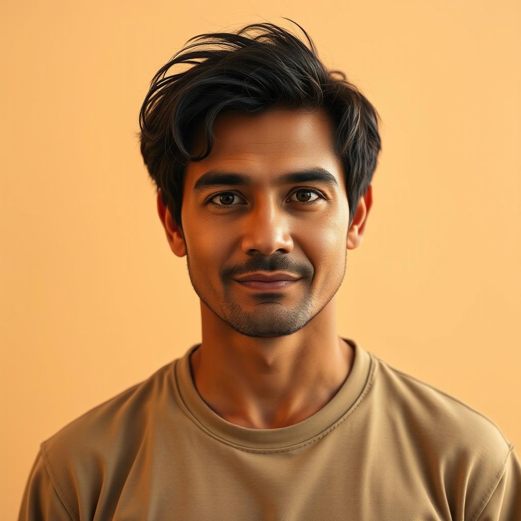 A full-body portrait of a 35-year-old man with black hair, featuring a sensitive expression