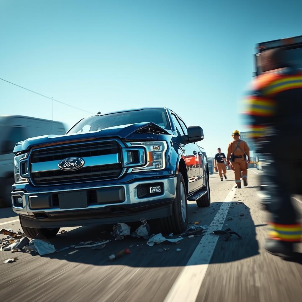 A dramatic scene depicting a blue Ford F-150 involved in a head-on crash, with crumpled front ends and debris scattered around