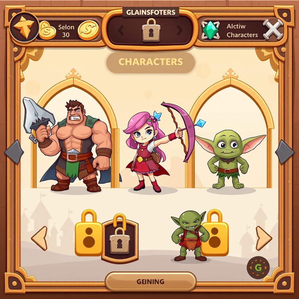 A vibrant 2D character selection screen for a fantasy mobile strategy game, showcasing four unique characters framed within elegant golden arches
