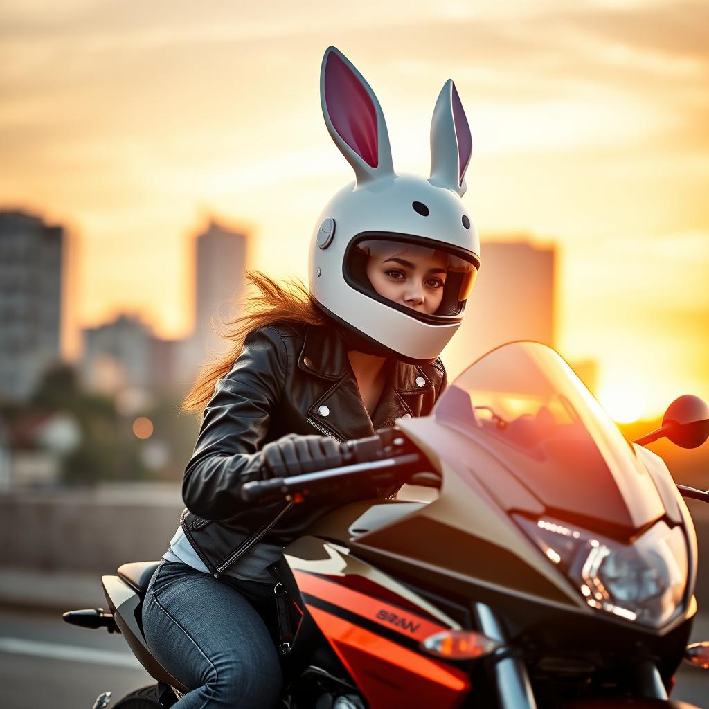 Stylish Rider Girl with Unique Rabbit Helmet on Sleek Motorcycle