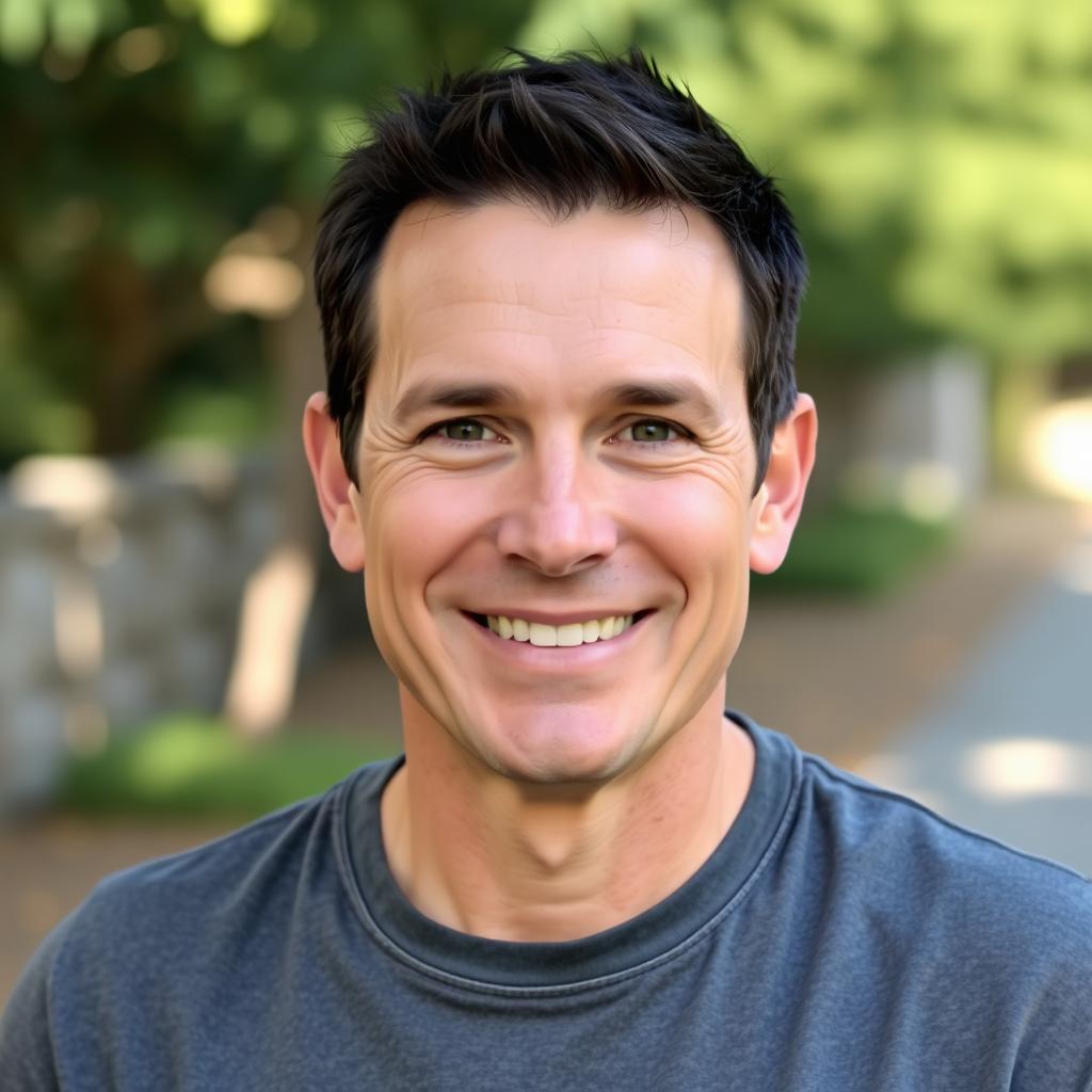 A friendly-looking, middle-aged white man around 40 years old with short black hair and light brown eyes