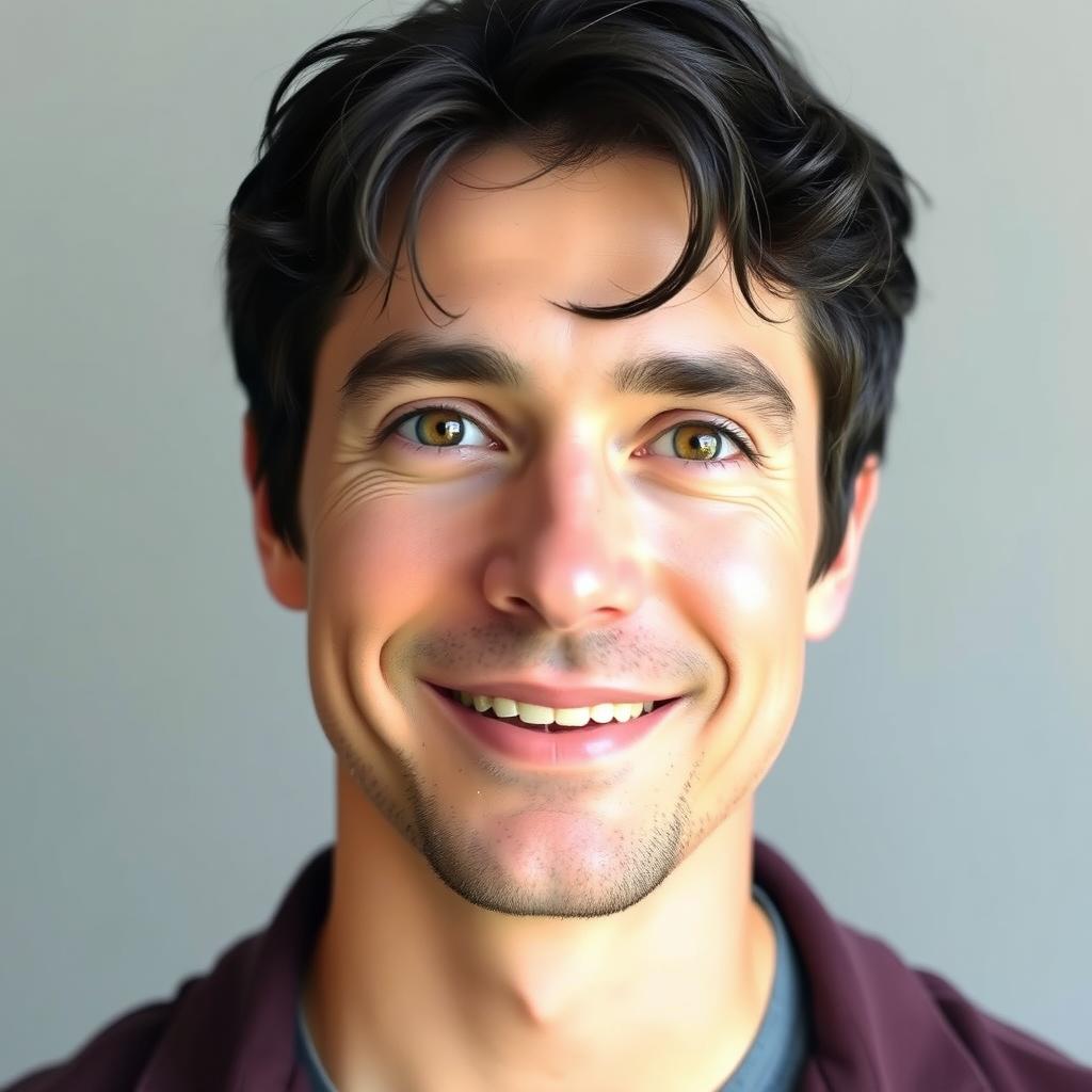 A friendly 35-year-old white man with black hair and light brown eyes, dressed in casual clothing
