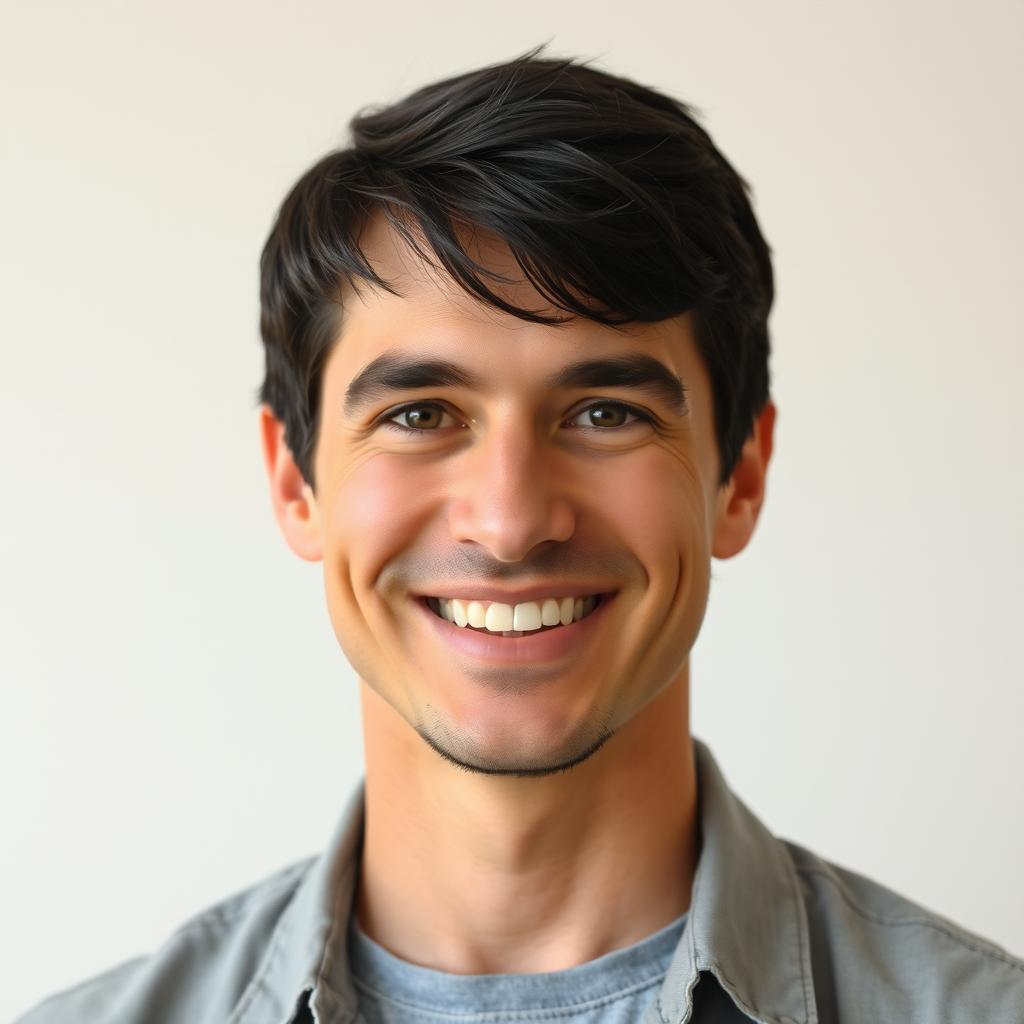 A friendly-looking white man, approximately 35 years old, with short black hair and light brown eyes