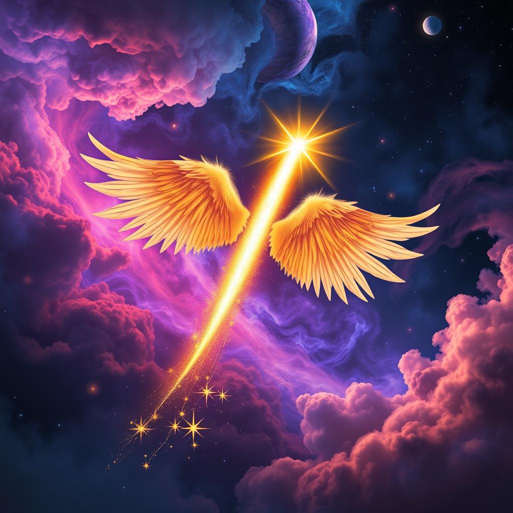 A breathtaking scene of a shooting star adorned with magnificent angel wings soaring through a chaotic night sky
