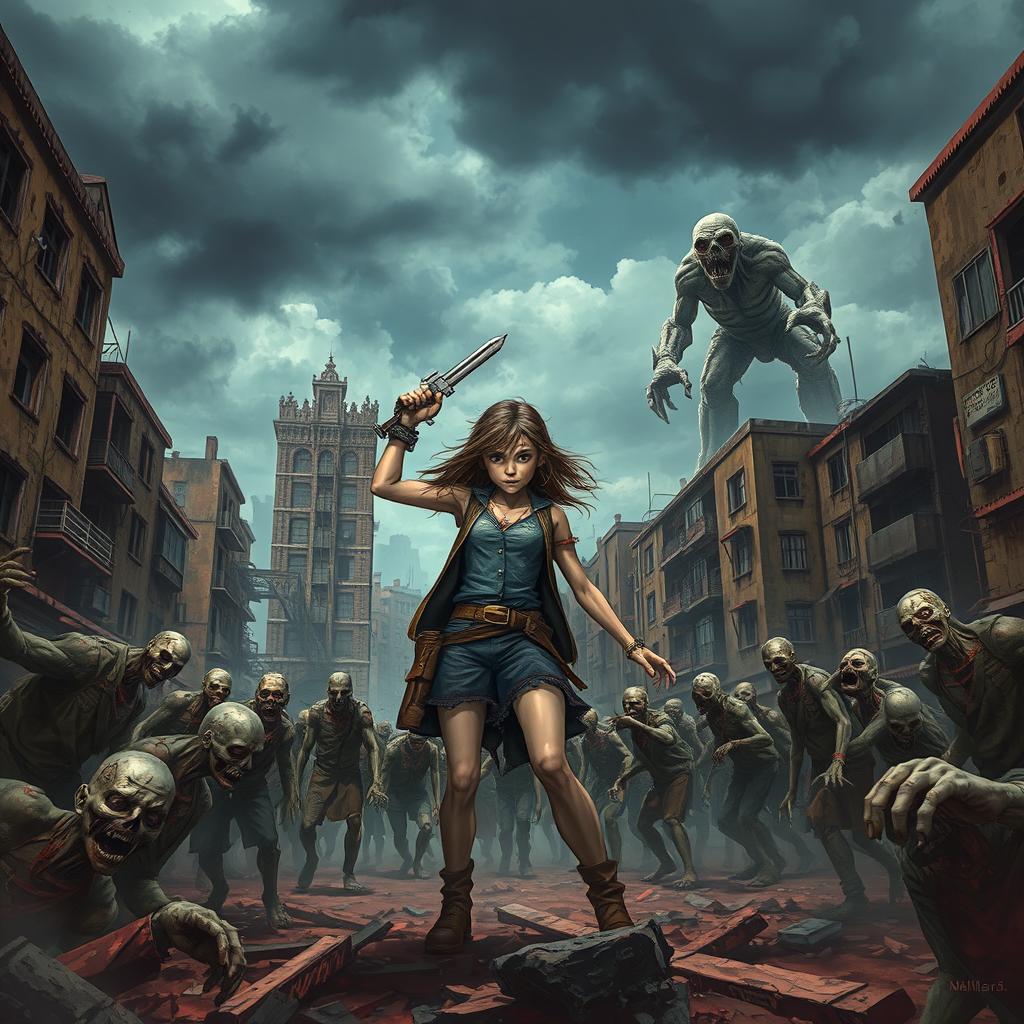 An apocalyptic cityscape filled with dilapidated, dirty buildings, where a brave girl stands defiantly amidst the chaos