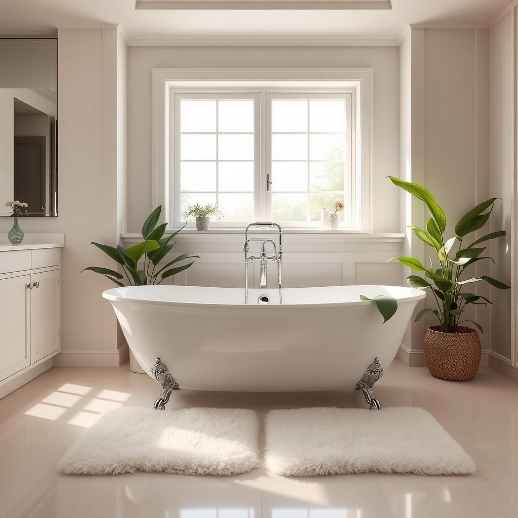 An elegant and stylish bathroom setting featuring modern fixtures, a pristine freestanding bathtub with chrome fixtures, and a large window allowing natural light to fill the room