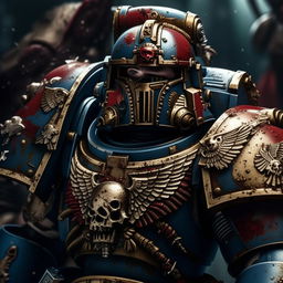 An ultra-high definition, cinematic quality close-up of a Warhammer 40K space marine soldier. His armor is detailed and worn, reflecting countless battles, and his gaze is intense, ready for the next challenge.