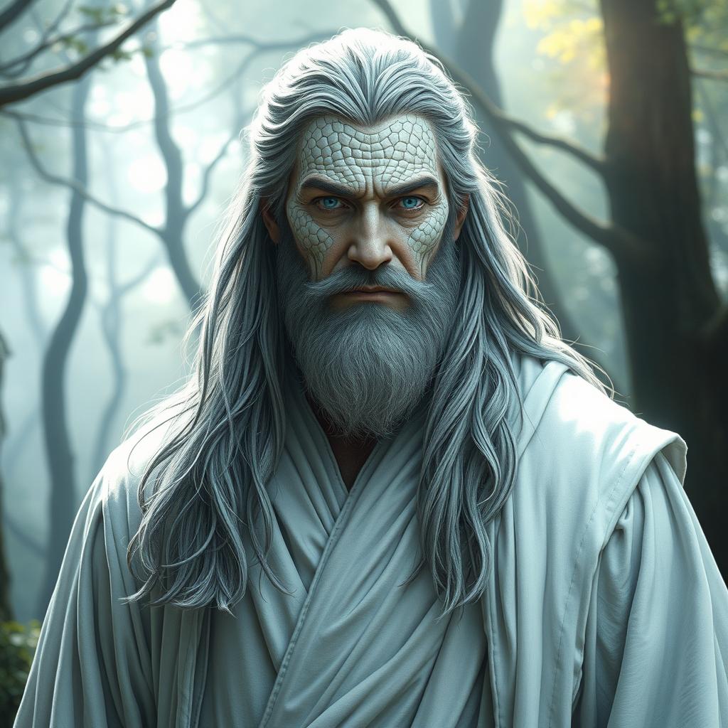 A 35-year-old man, tall and broad-shouldered, with long gray hair, dressed as a wizard in a flowing white robe