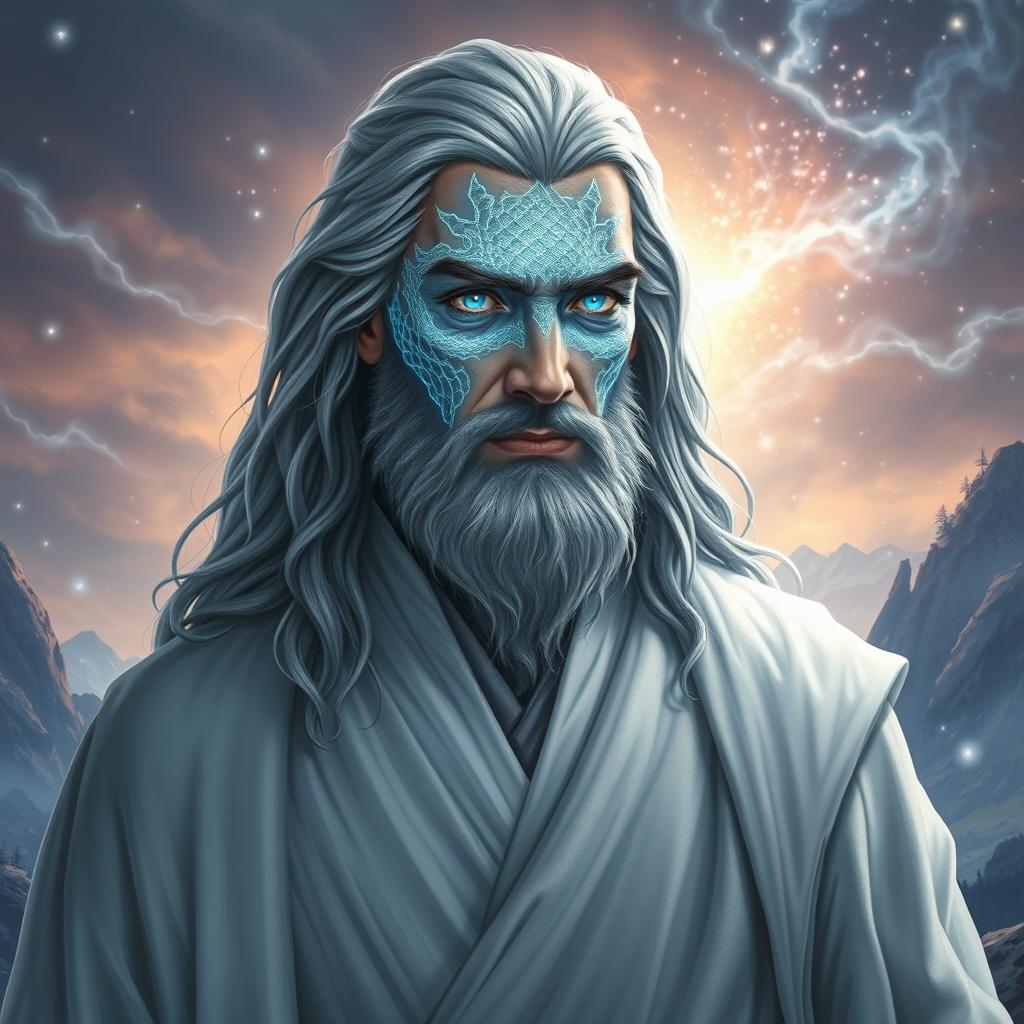 A 35-year-old man, tall and broad-shouldered, with long gray hair, dressed as a wizard in an elegant white robe