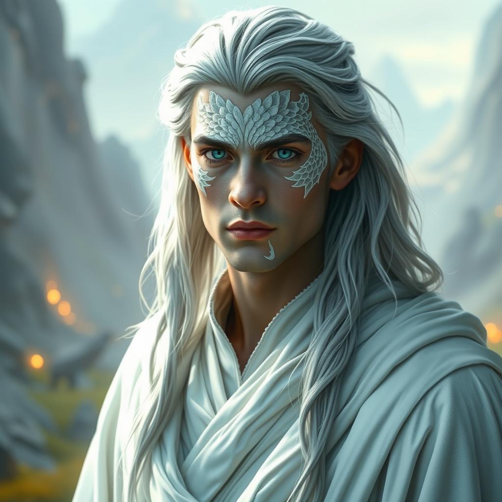 A young man, about 25 years old, tall and broad-shouldered, with long gray hair, dressed as a wizard in a striking white robe