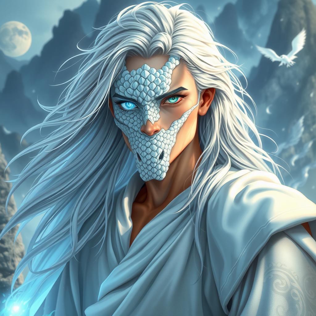 A young male wizard, around 25 years old, tall and broad-shouldered, with long silver hair flowing elegantly