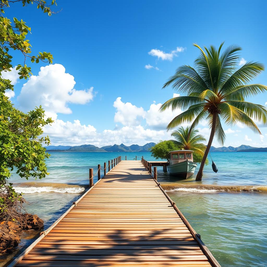 A picturesque scene of a screwpine jetty extending over tranquil waters, surrounded by lush greenery